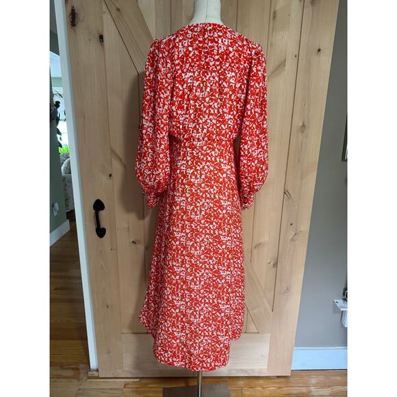 Ganni | Balloon Sleeve Orange Floral Print Crepe Midi Dress | Size 38 (US 6) - Picture 6 of 16
